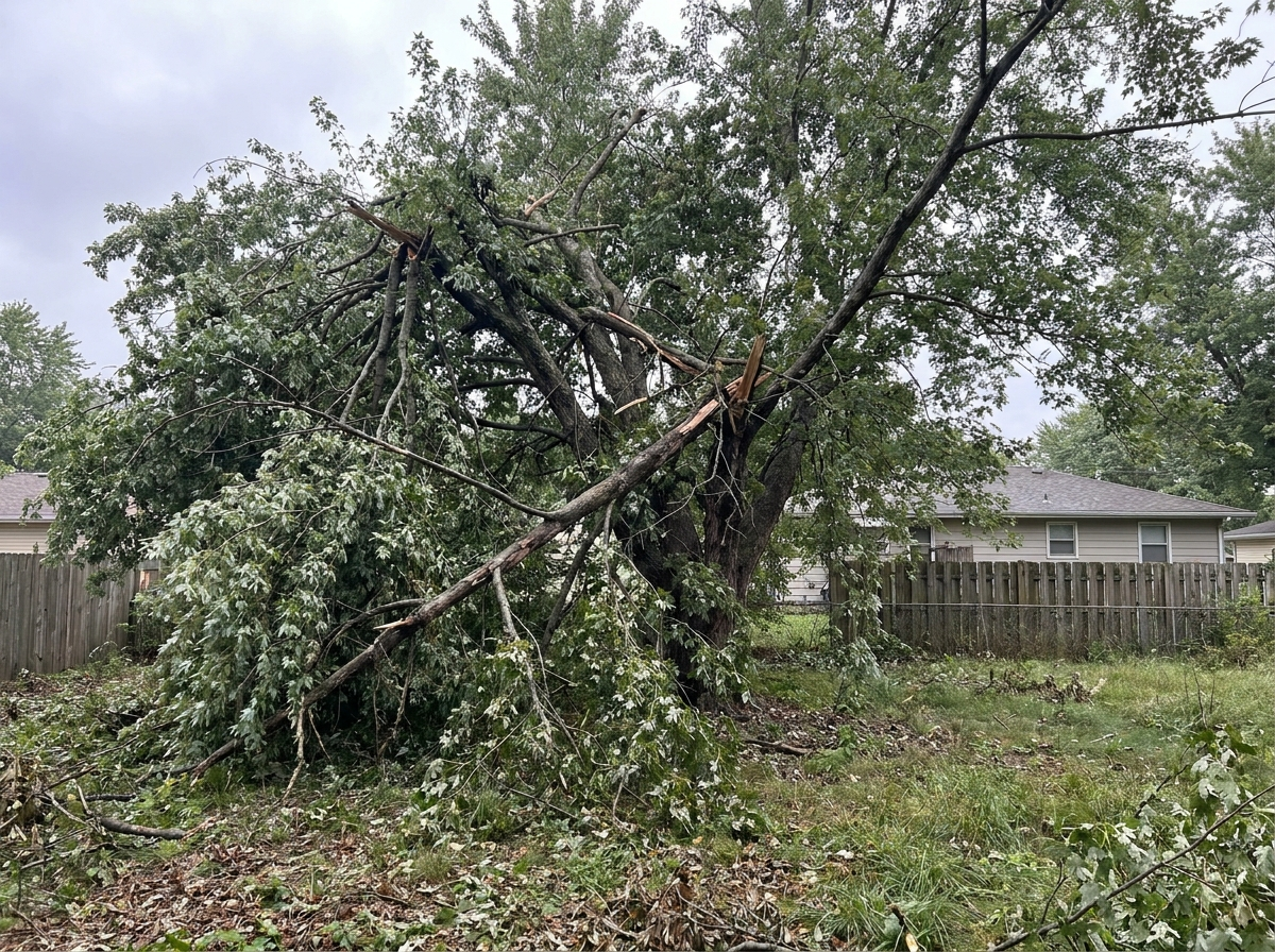 Overgrown, storm-torn tree canopy before pruning