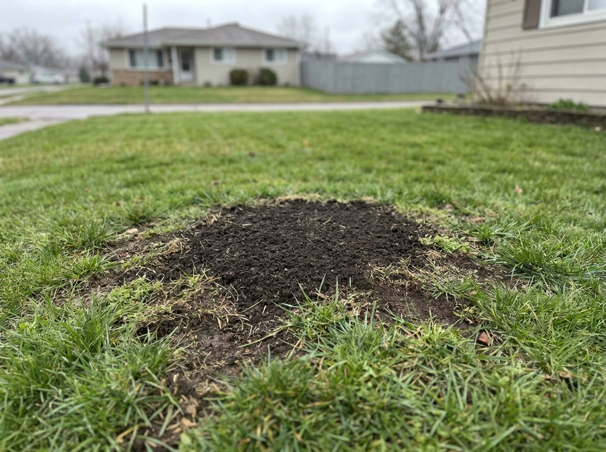 Same spot ground flush and reseeded, stump gone