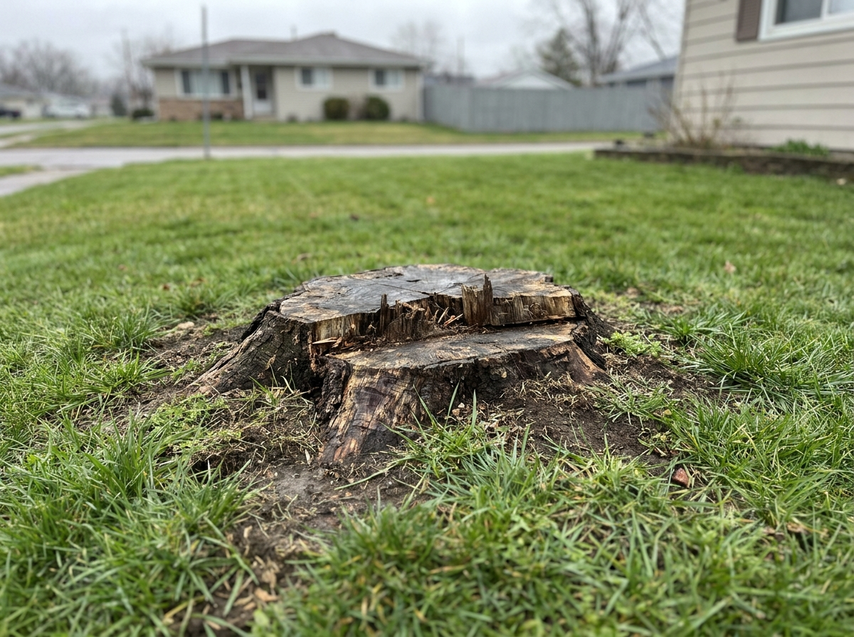 Raw ground-level tree stump left in a lawn before grinding