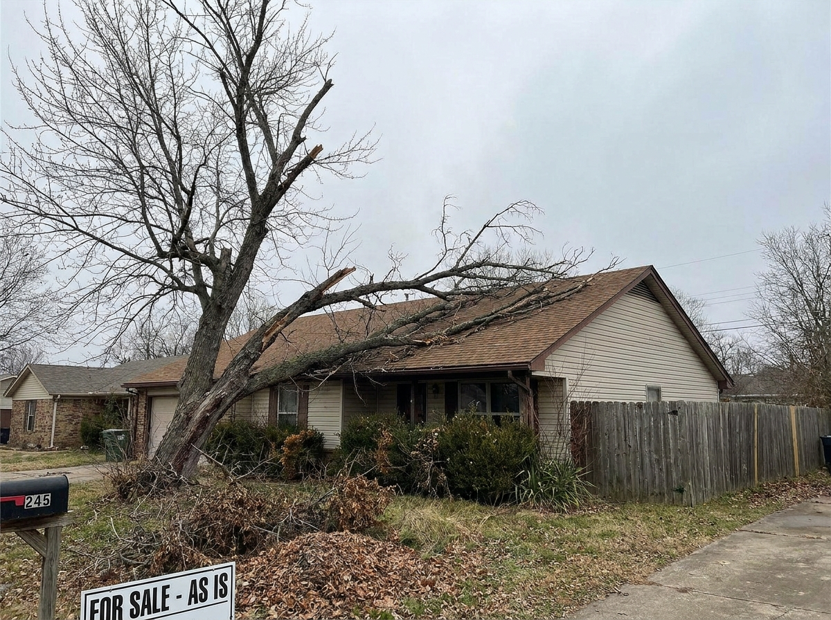 Large tree looming over a house, a hazard before removal